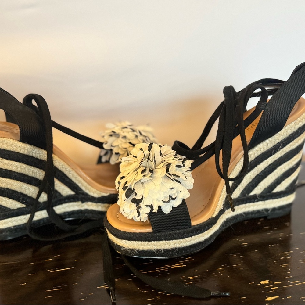 kate spade Black & White Floral Espadrille Wedge Sandals